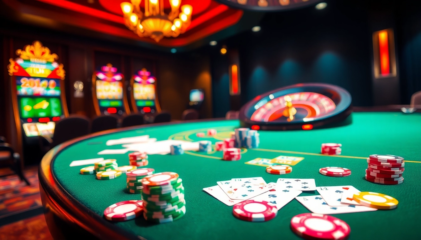 Exciting casino scene featuring QQ88z Net poker chips and cards on a lavish table.