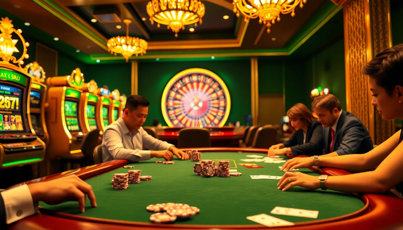 Players at a lively poker table enjoying a thrilling game at XX 88 casino.