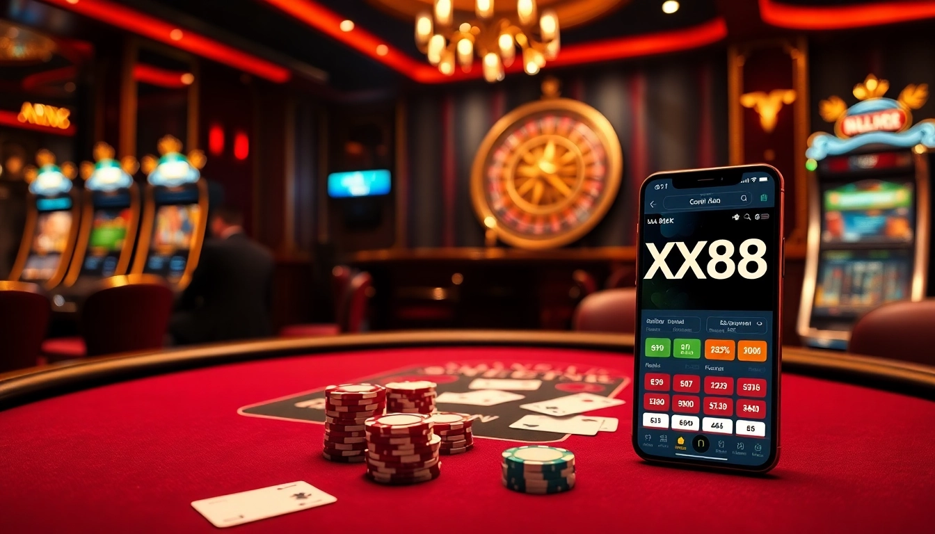 Bet on the excitement with XX88's immersive gambling experience featuring a stylish casino layout.