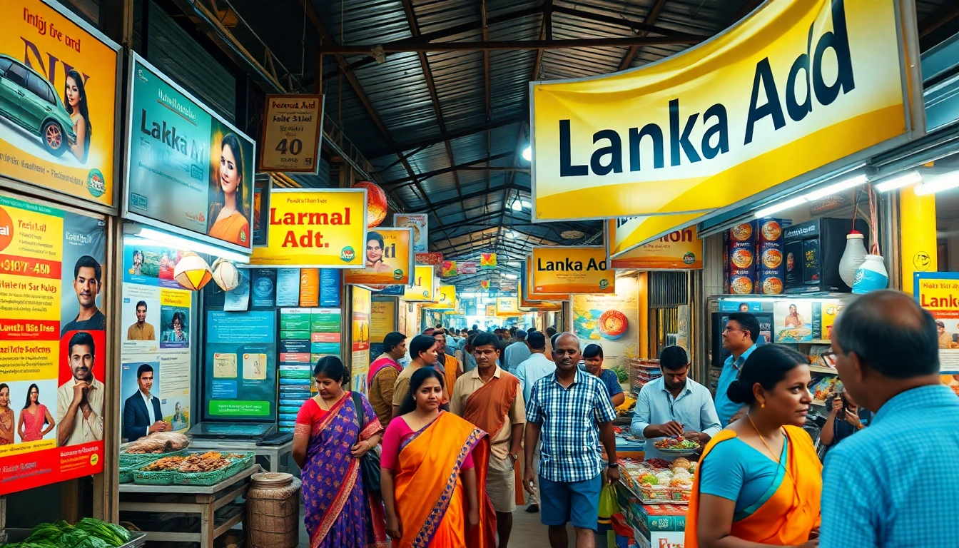 Lanka Ad vibrant marketplace with diverse stalls showcasing personal and spa advertisements in Sri Lanka.