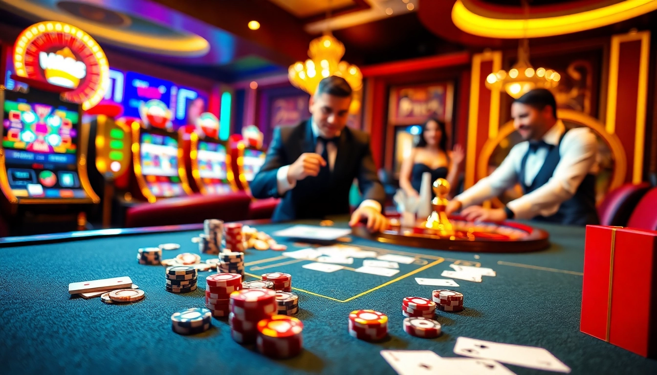 Experience high-stakes gaming at MM88 with a vibrant casino table, cards, and excited players.