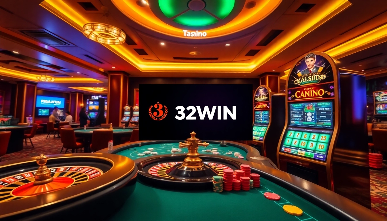 Experience exciting gaming at Trang Chủ 32WIN with vibrant roulette wheels, poker chips, and lively atmosphere.
