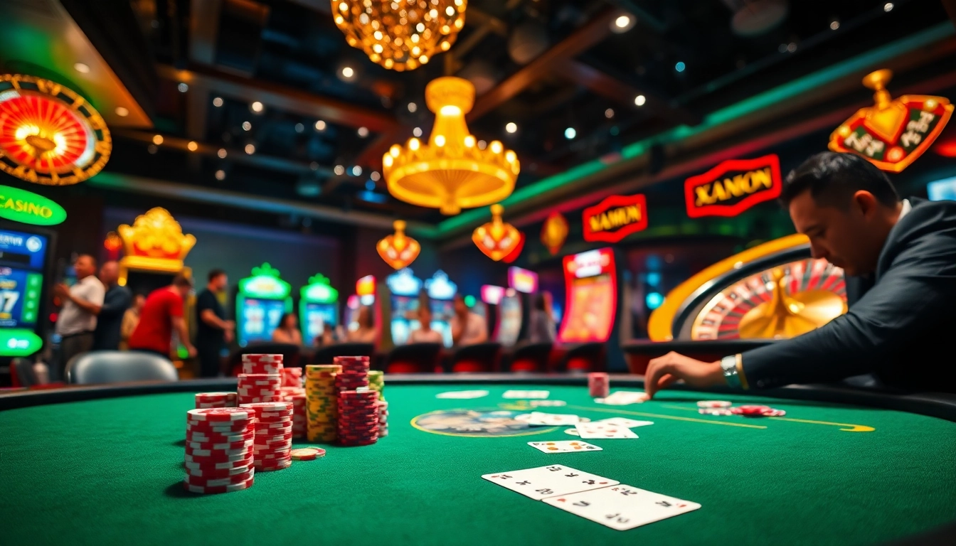 Gambling excitement at a poker table showcasing strategies with XX 88 in a luxurious casino atmosphere.
