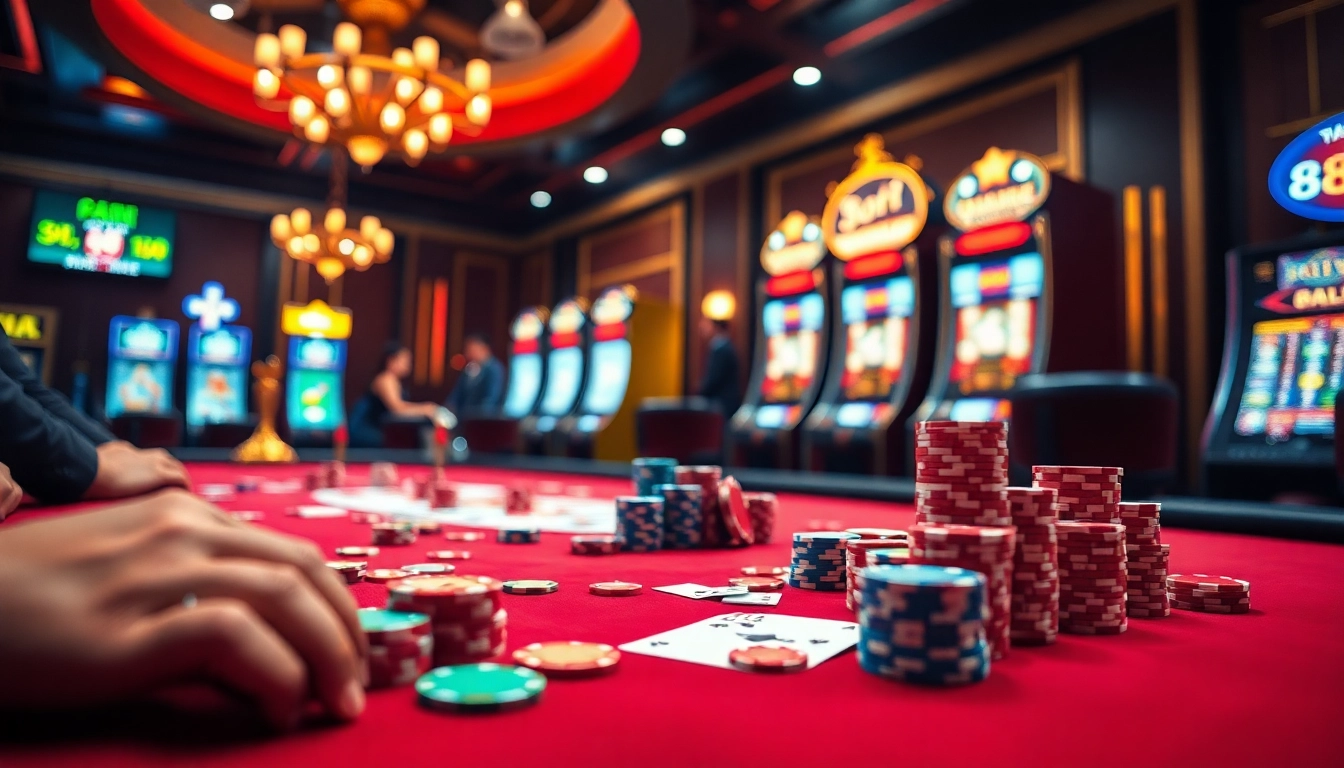 Engage in thrilling poker games at 88i with colorful chips and exciting casino ambiance.