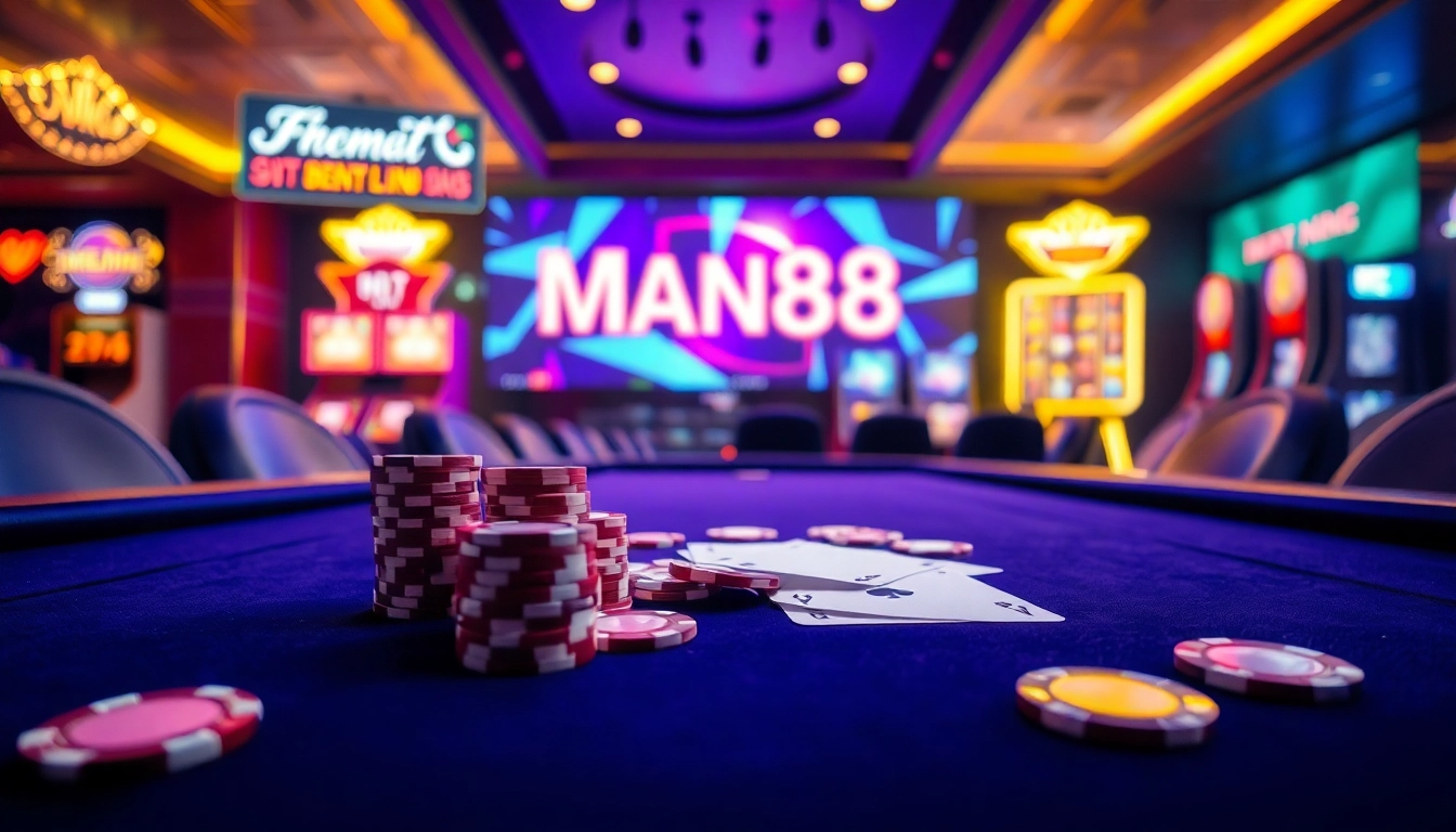 Experience the excitement of nhà cái Man88 with vibrant casino visuals of players winning and engaging.