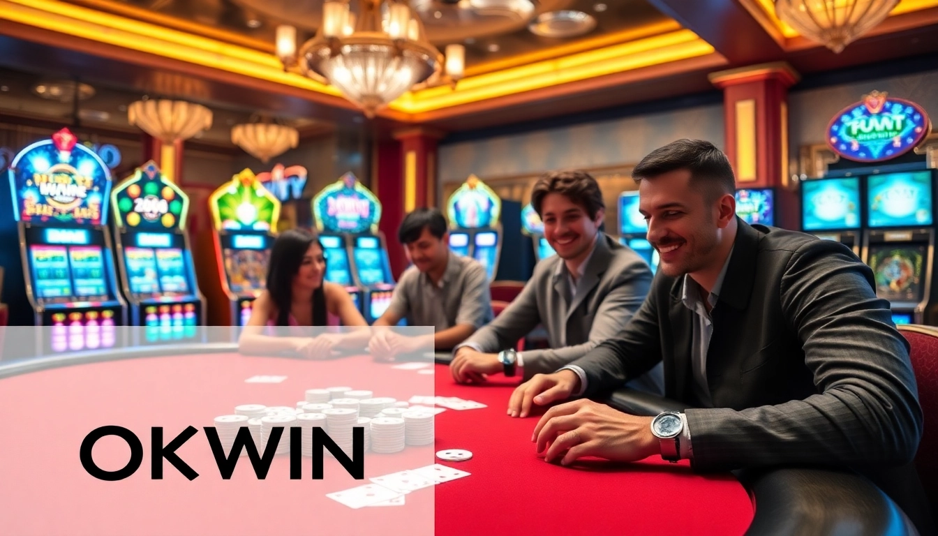 Players enjoying a high-stakes poker game at the luxurious OKWIN casino.