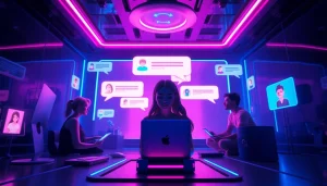 An engaging virtual environment for porn ai chat, showcasing vibrant avatars and high-tech interfaces, emphasizing connection.