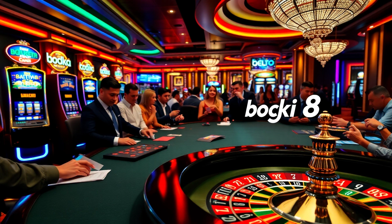 Experience the excitement of bk8 login at a luxurious casino filled with vibrant gaming tables and slot machines.