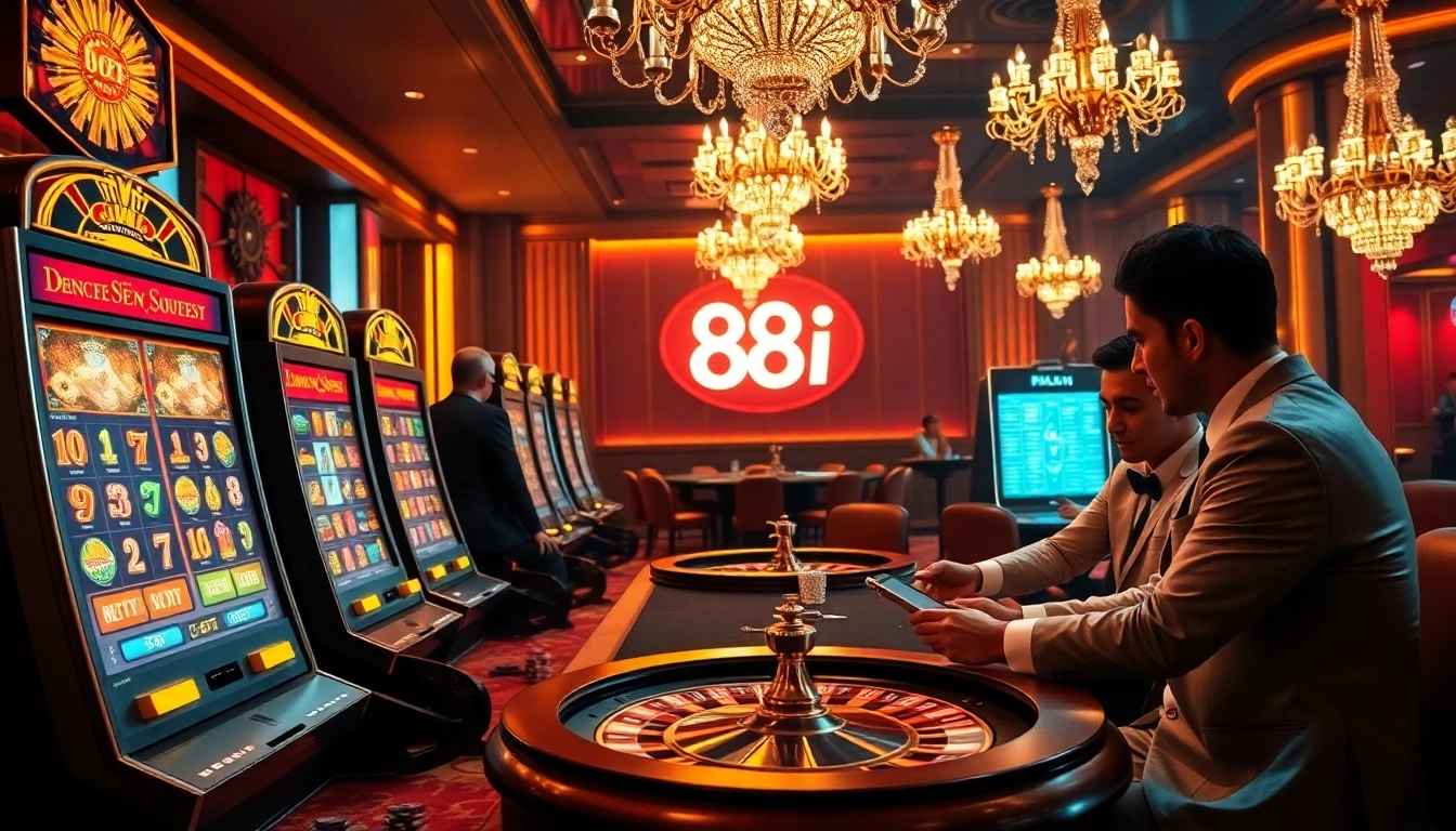 High-stakes casino scene featuring 88i branding with slot machines and poker game excitement.