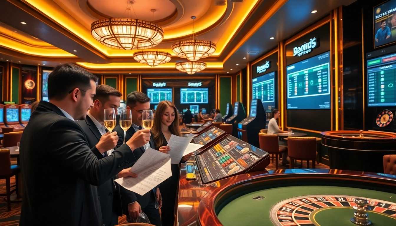 Engaging in เทคนิคแทงบอล strategies at a luxurious sports betting area with enthusiastic gamblers.