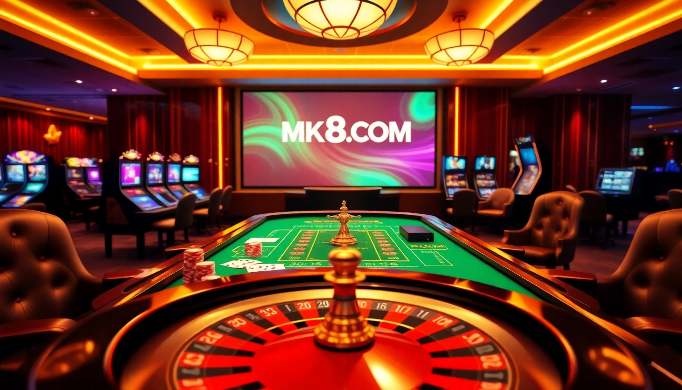 Experience the excitement of MK8.COM with a lively casino gaming table featuring poker chips and cards.