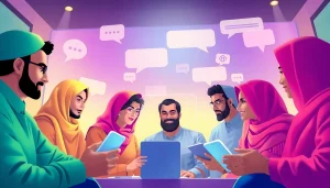 مشهد تفاعلي لمستخدمي شات عربي يتفاعلون في غرفة دردشة رقمية نابضة بالحياة، يظهر التنوع والترابط.