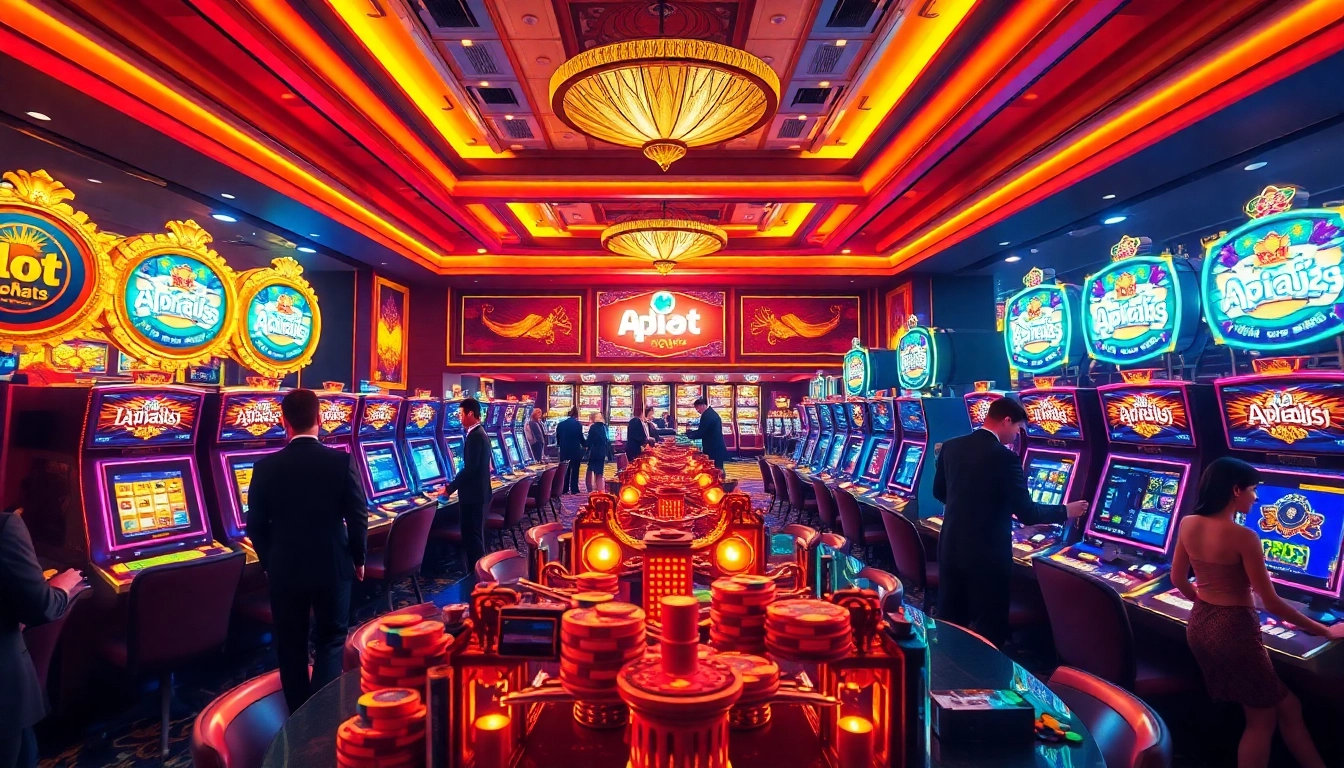 Play thrilling slot machines at slot apiraja88, showcasing vibrant colors and exciting casino ambiance.