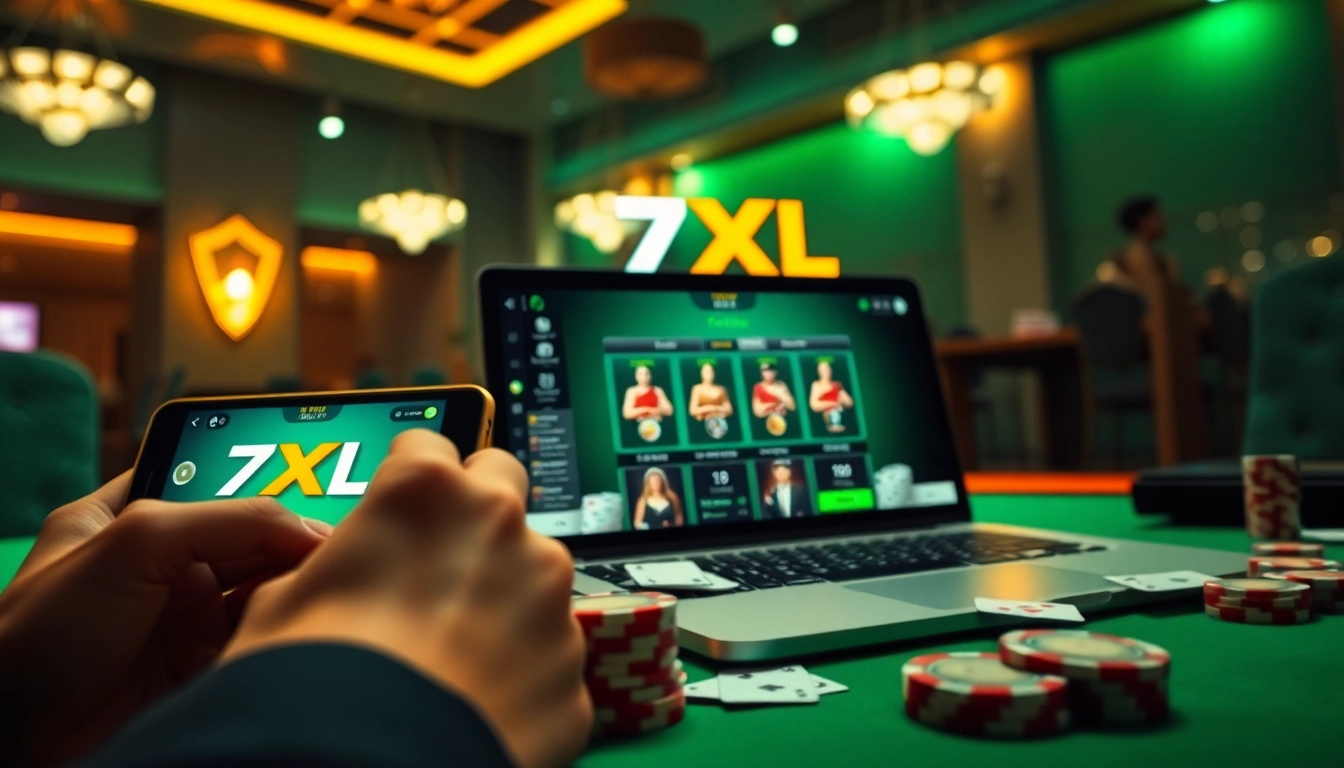 7xl להורדה מוצג על מכשירים שונים, המציג חוויית פוקר מקוון מרגשת.