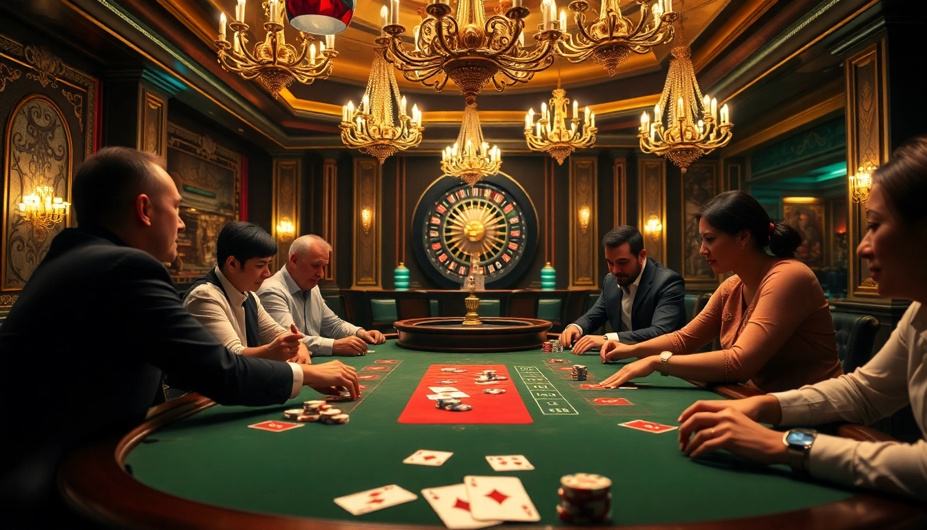 Experience the excitement at OK8386 with engaged players at a luxurious poker table featuring chips and cards.