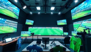 Captivating sports broadcasting setup showcasing multiple screens and broadcasting equipment.