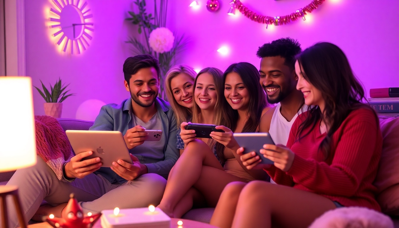 Enjoying sex games in a cozy setting with playful decorations and a diverse group of adults.