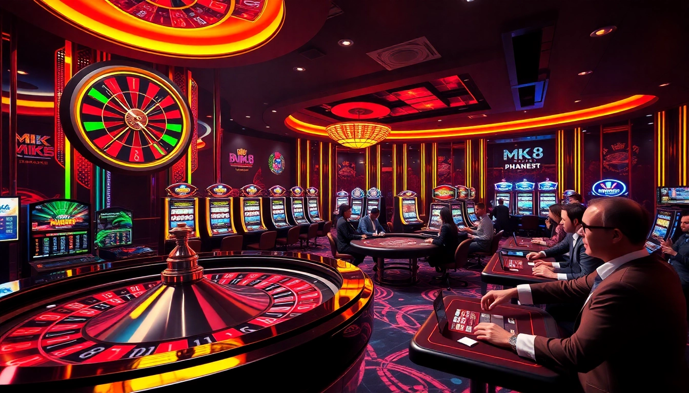 Experience the thrill of MK 8 with vibrant slot machines and an exciting roulette game scene in a luxurious casino.