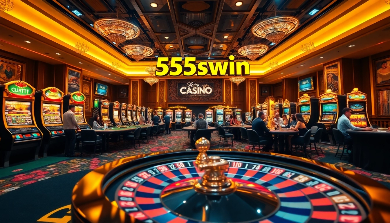 Experience the thrill of 555win with an exciting casino scene featuring vibrant tables and gaming elements.