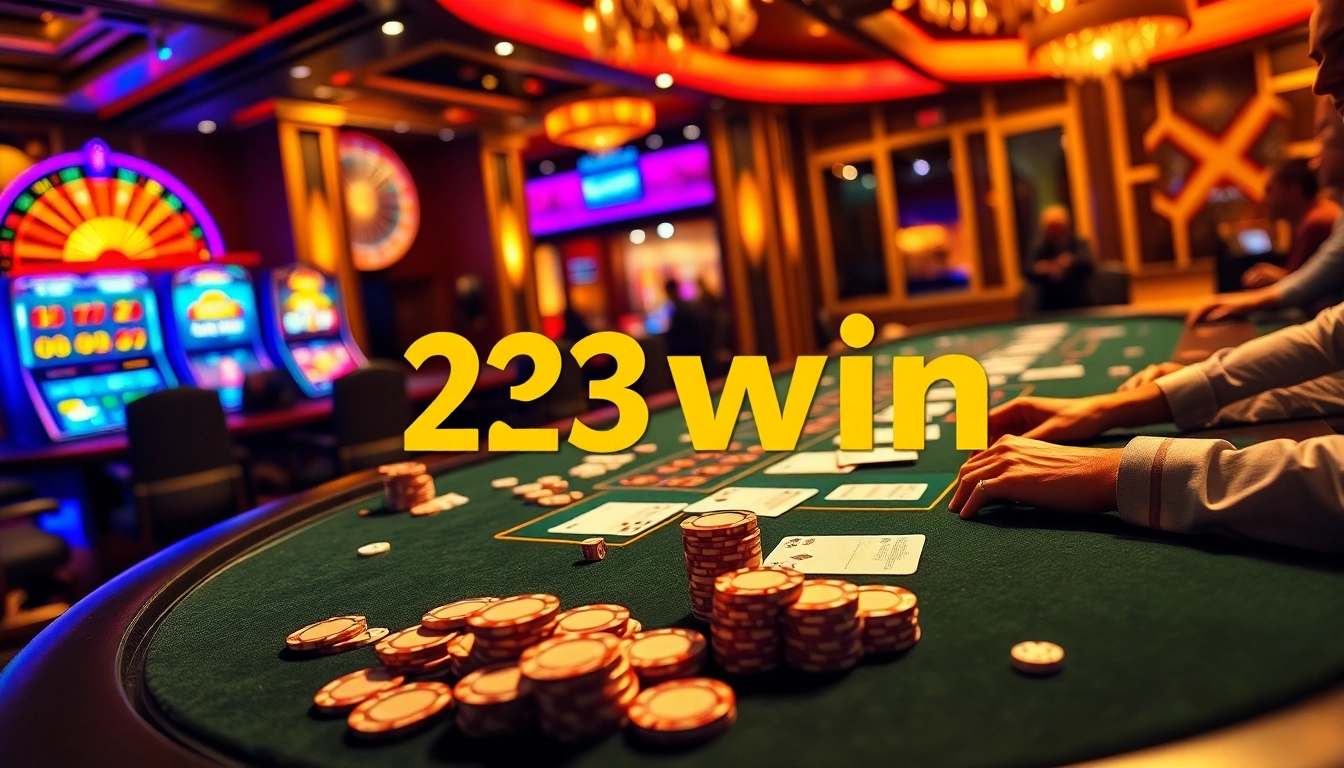 A thrilling scene at 23win casino featuring a luxurious blackjack table with cards and chips, capturing excitement.