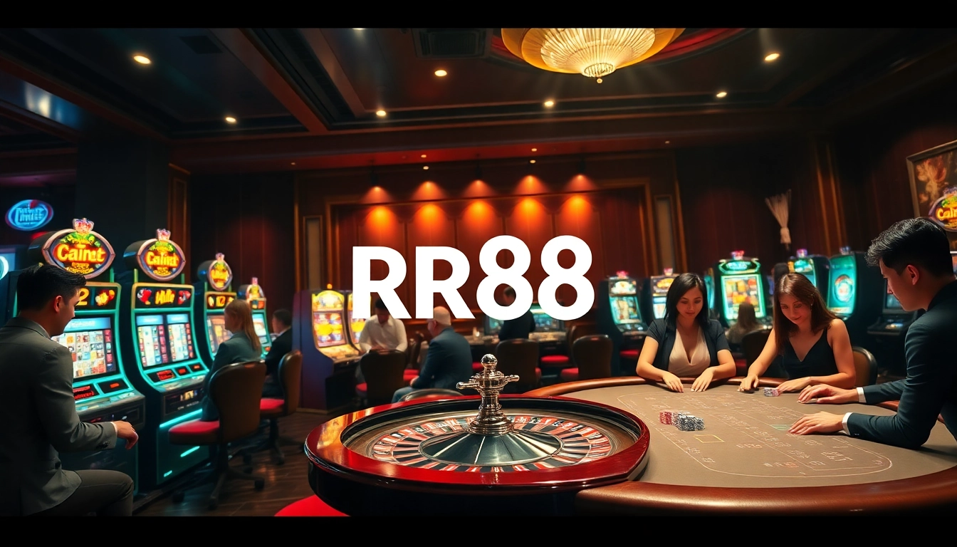 Experience thrilling gameplay at RR88 with vibrant casino games and elegant players enjoying the excitement.