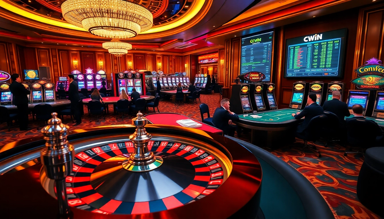 Experience high-stakes gambling excitement at the Cwin casino, with vibrant tables and players.