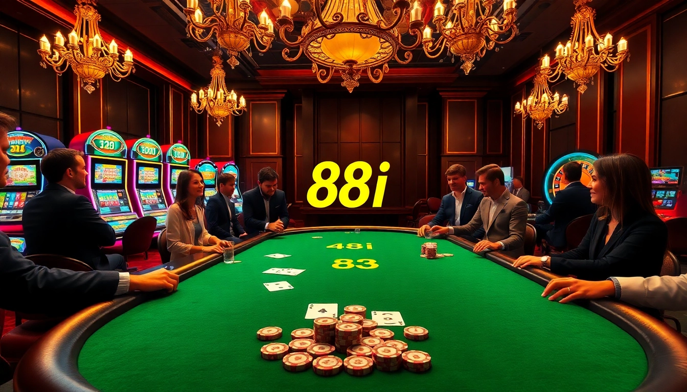 Exciting casino scene showcasing 88i poker table with players and colorful slot machines.