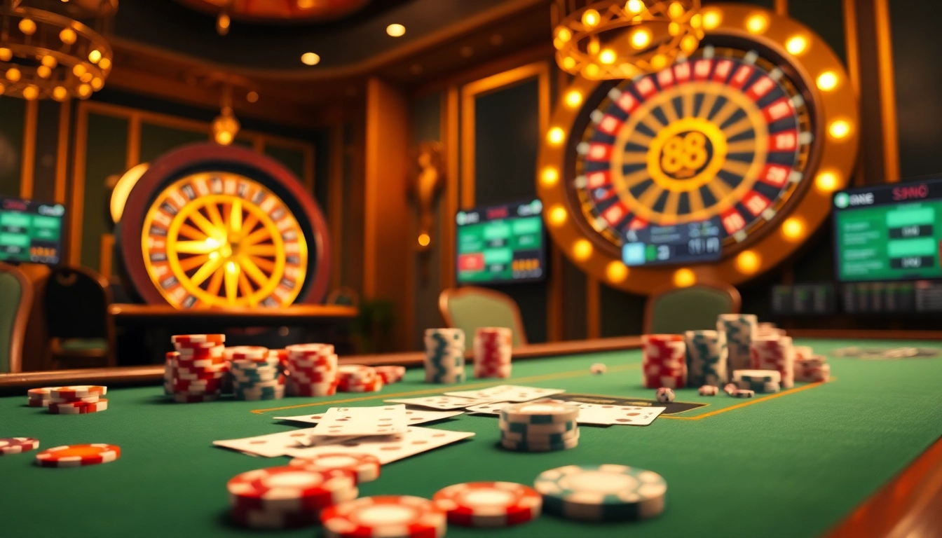 Experience the excitement of 88i nhà cái at a luxurious casino table with cards, chips, and roulette.