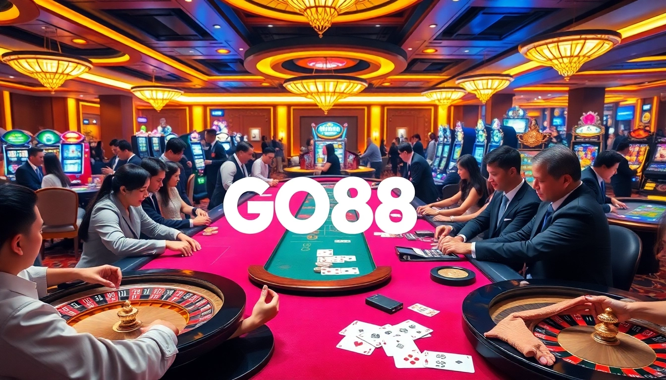 GO88 gaming table in a vibrant scene with dealers and excited players enjoying casino games.