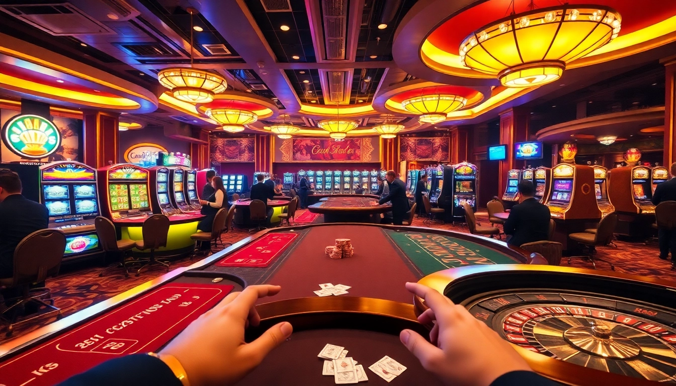 Engage with the thrilling atmosphere at home eejl casino featuring poker tables, vibrant slot machines, and excited players.