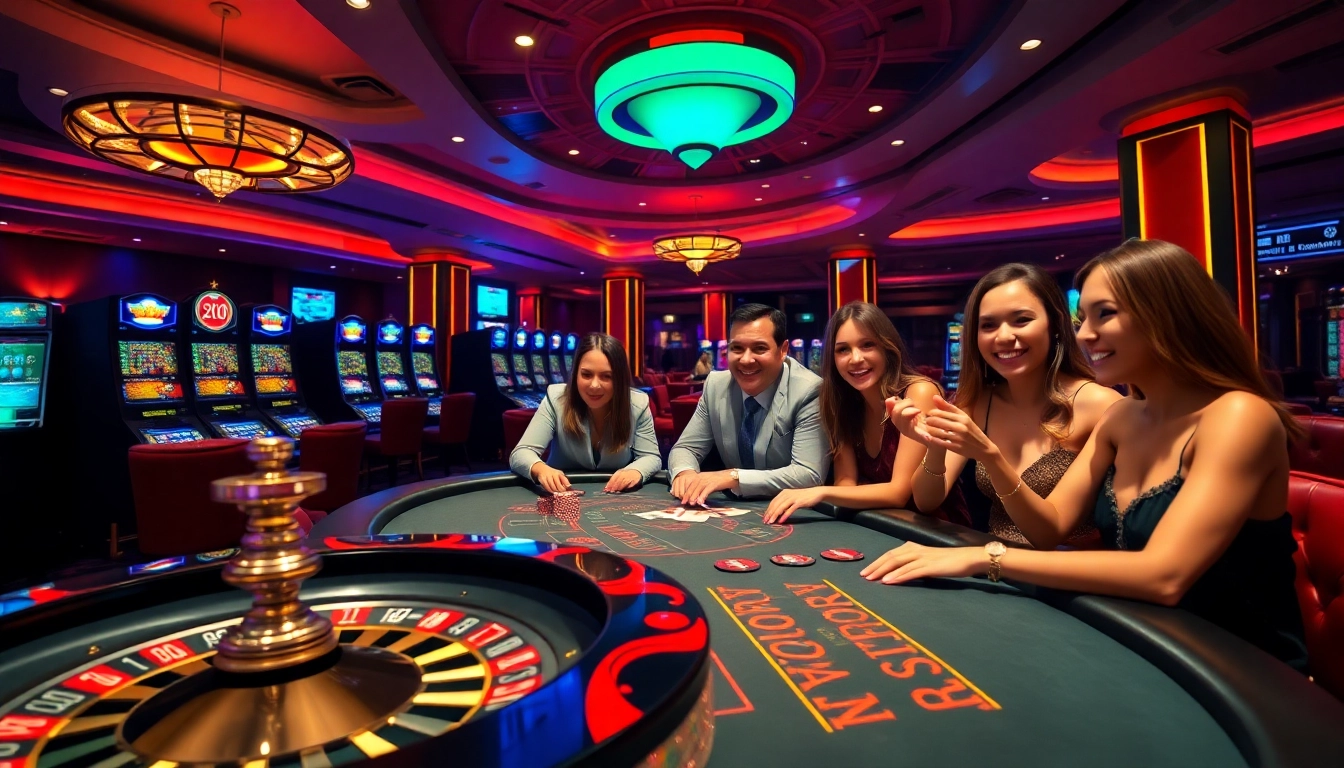 Players enjoying a thrilling poker game at thabet casino with vibrant casino decor and neon lights.
