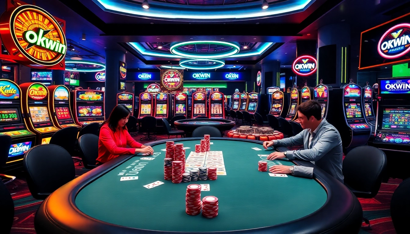 Players enjoying a thrilling poker game with OKWIN branding in a luxurious casino environment.