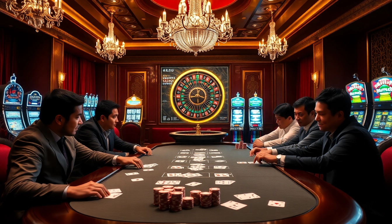 Engaged players at a luxurious poker table strategizing their moves at Daftar Modal138 casino.