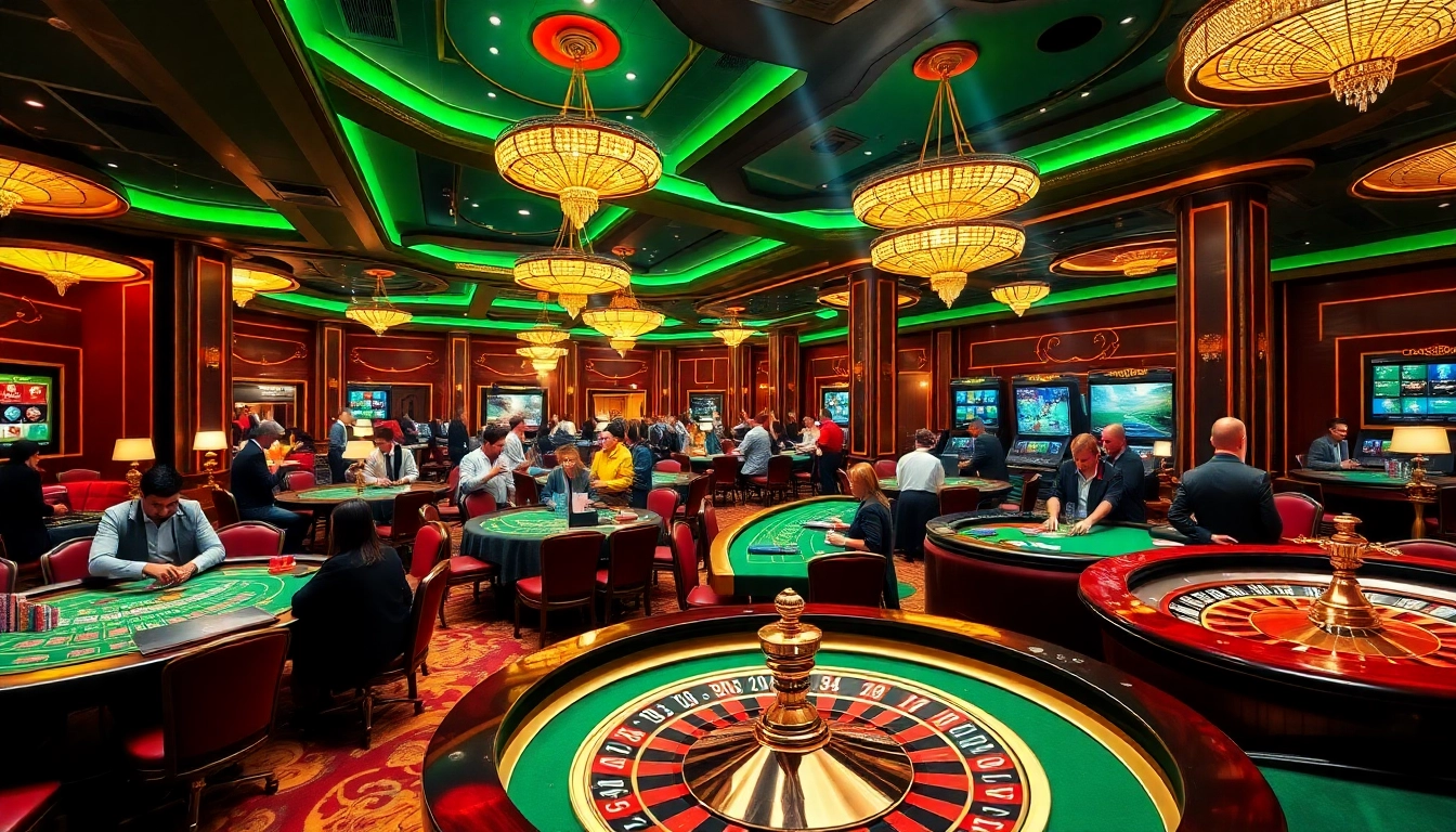 An engaging casino scene showcasing players at tables, linking excitement with kk55.group online gaming.