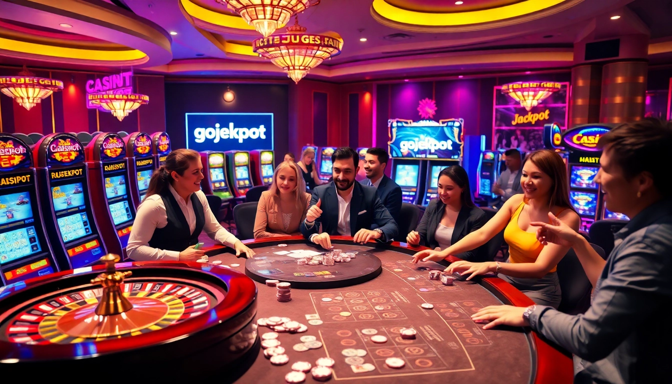 Engaging gamblers experiencing excitement at gojekpot slot machines in a high-stakes casino environment.