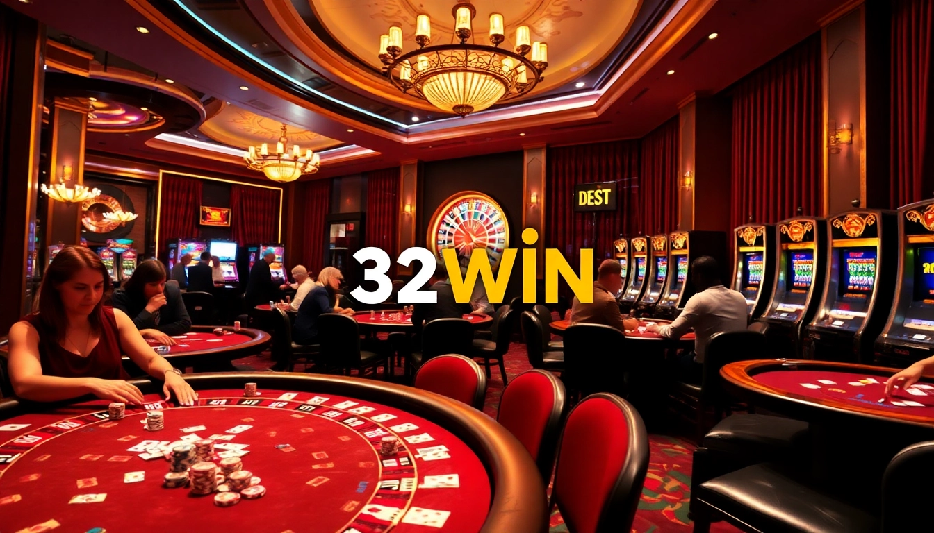 Experience the thrill of 32WIN with vibrant poker tables and energized players in a luxurious casino setting.