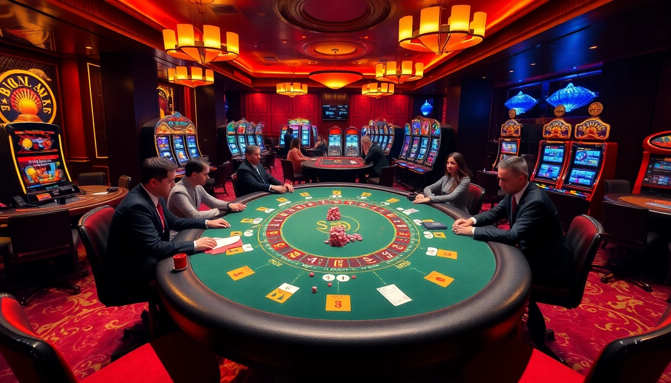 Sunwin provides an exciting casino experience with dynamic players at poker tables and vibrant slot machines.