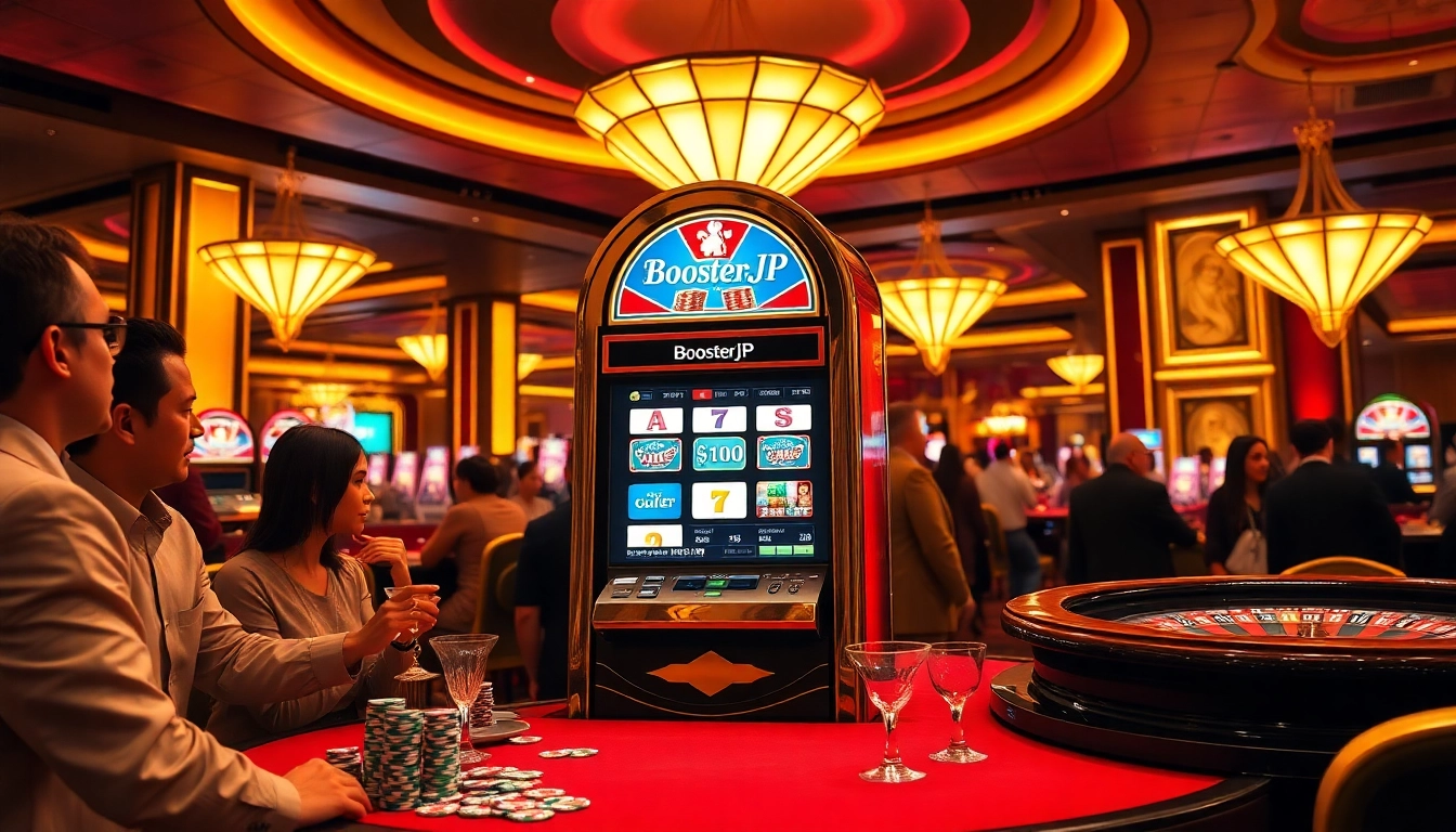 Engaging gamblers enjoying the BoosterJP slot machine in a vibrant casino setting.