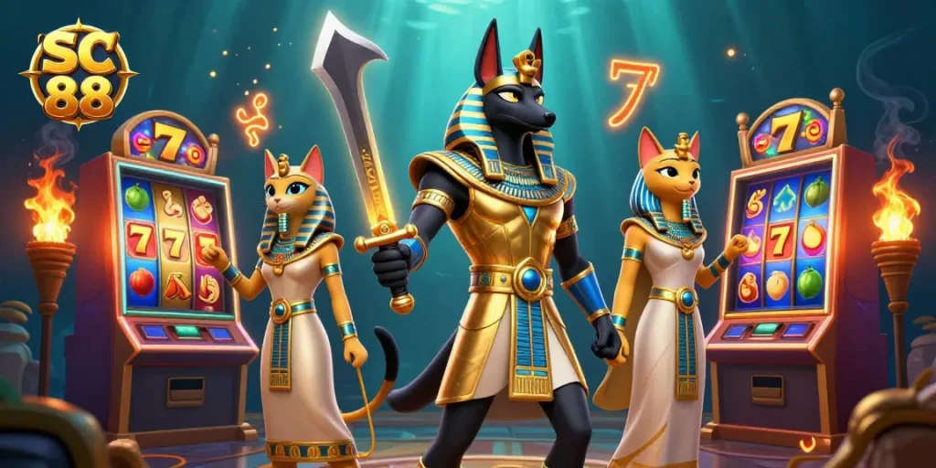 Engage with SC 88 in an immersive casino scene featuring Anubis, slot machines, and vibrant gaming elements