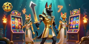 Engage with SC 88 in an immersive casino scene featuring Anubis, slot machines, and vibrant gaming elements