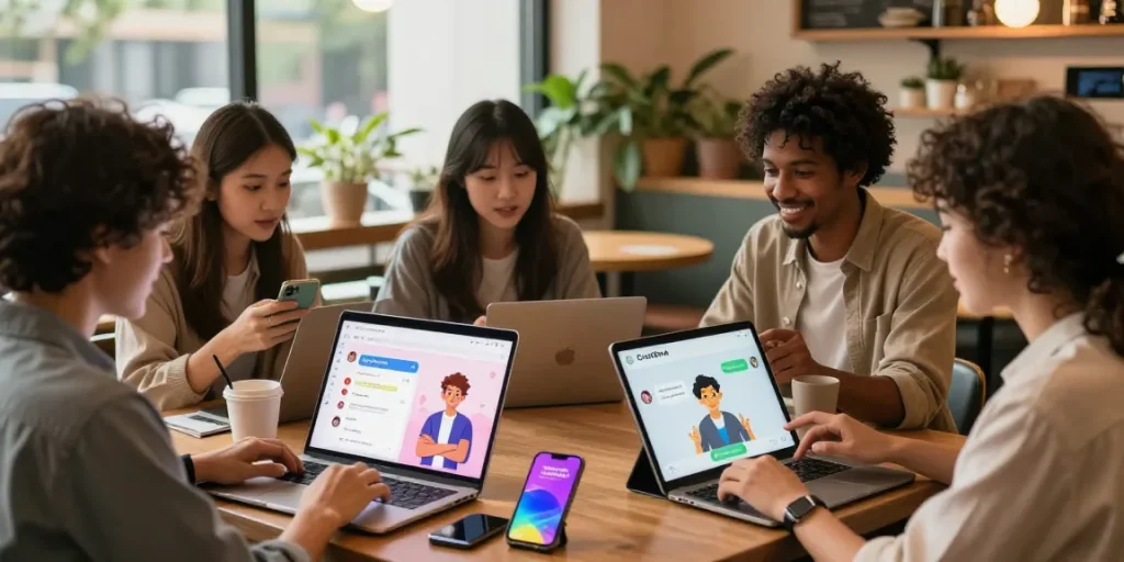 Users engaging with CrushOn AI in a cozy café, showcasing interactive chat experiences.