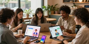 Users engaging with CrushOn AI in a cozy café, showcasing interactive chat experiences.