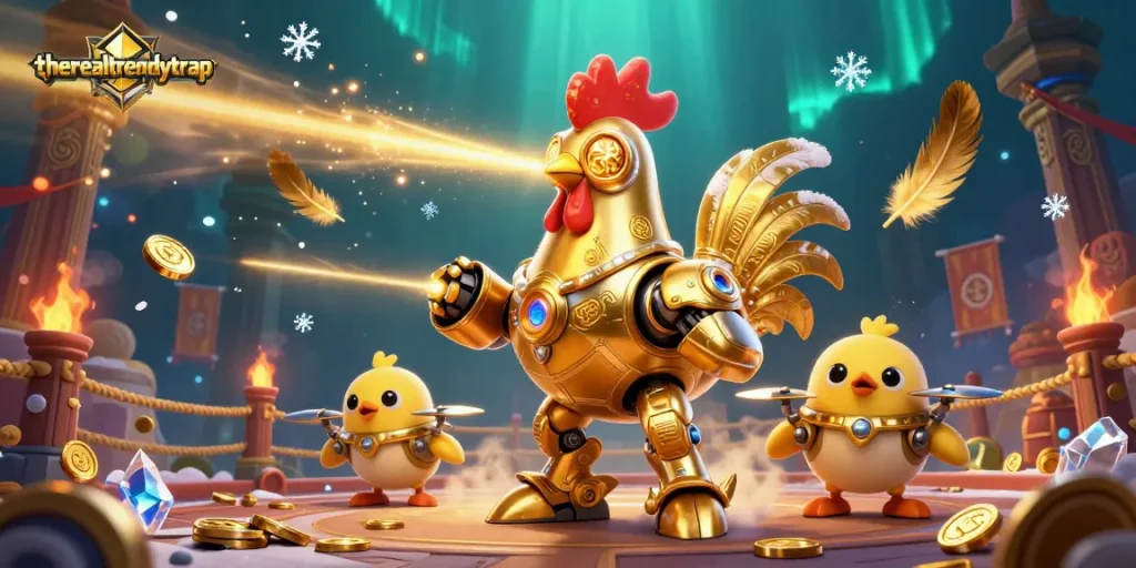 Menangkan permainan slot online seru di therealtrendytrap dengan karakter robot ayam keemasan yang menembakkan laser, dikelilingi uang dan efek api.