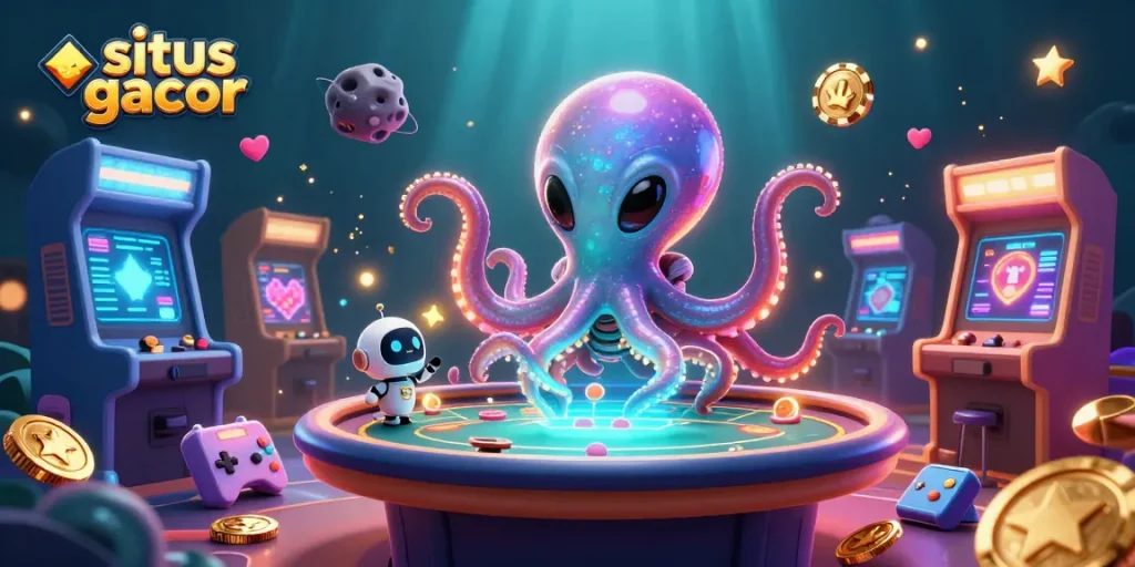 Engage with the lively situs gacor scene featuring a cartoon octopus at a poker table amid dazzling gaming elements.