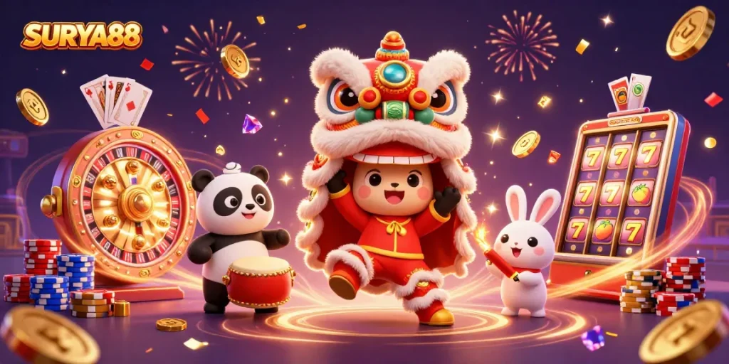 SURYA88 captures excitement with a lion dance, drumming panda, and lucky slot symbols.